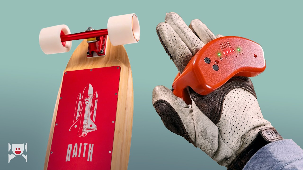 Raith Rocket electric skateboard and red handheld remote
