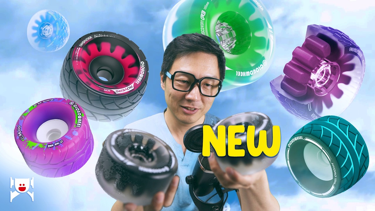 Daniel Kwan holding Cloudwheels, surrounded by different wheel models